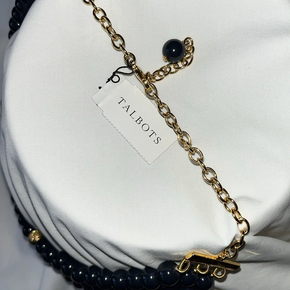 NWT Talbots 3-strand bead necklace. Navy blue & gold beads w/9” extender - Picture 3 of 11